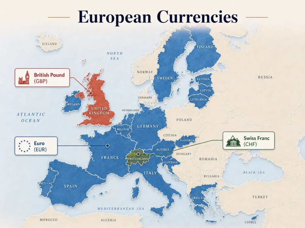 Map of Europe highlighting the Euro (EUR), British Pound (GBP), and Swiss Franc (CHF) across key European countries.