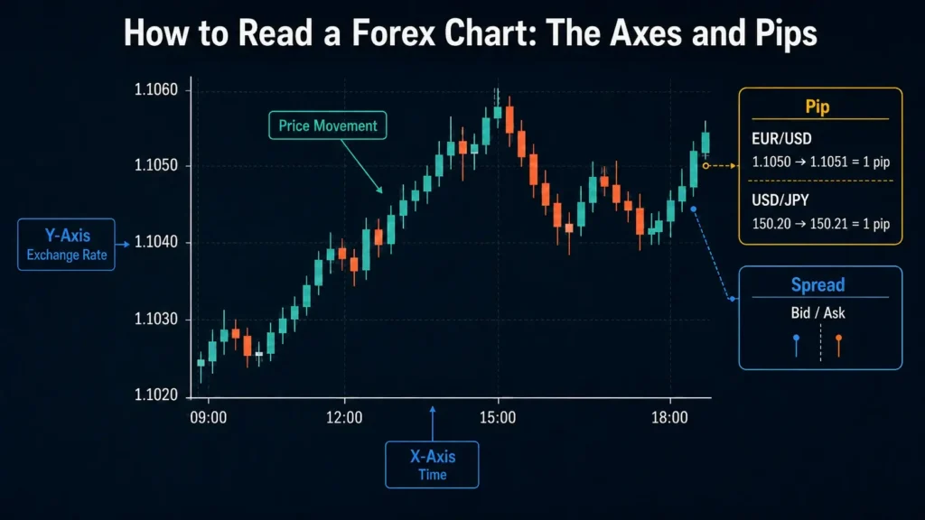 EUR/USD candlestick chart with the x-axis showing time, the y-axis showing exchange rates, and annotations explaining price movement, pips, and the bid–ask spread.