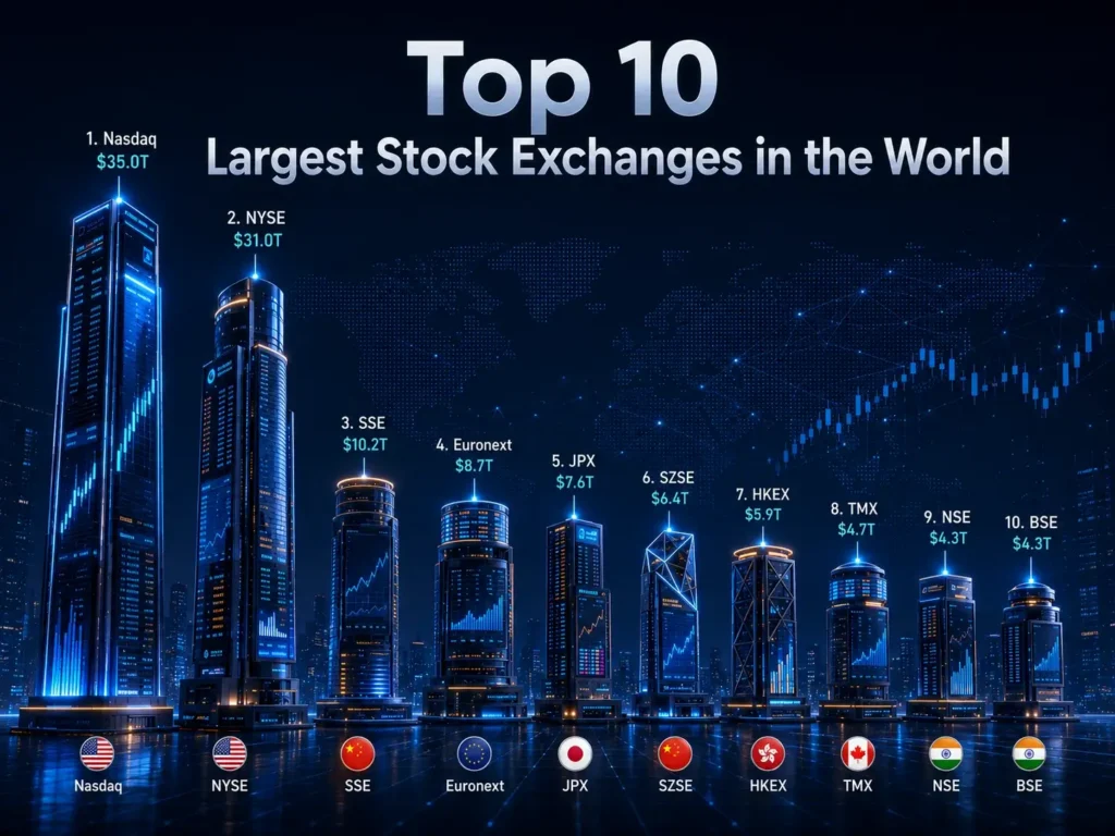 Infographic ranking the world’s 10 largest stock exchanges by domestic market capitalisation, led by Nasdaq and the NYSE.