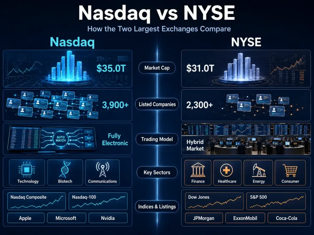Infographic comparing Nasdaq and NYSE across market capitalisation, number of listed companies, trading model, key sectors, major indices, and example listings.