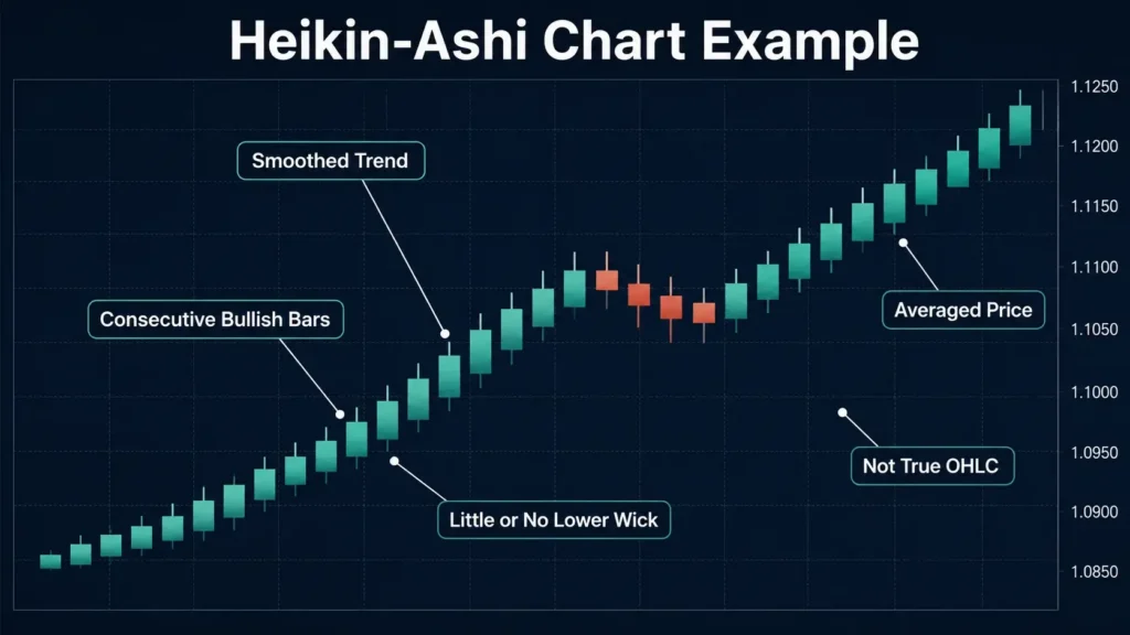 Heikin-Ashi EUR/USD chart showing a smooth uptrend with consecutive bullish candles, little or no lower wick, a short pullback, and averaged price data rather than true OHLC values.