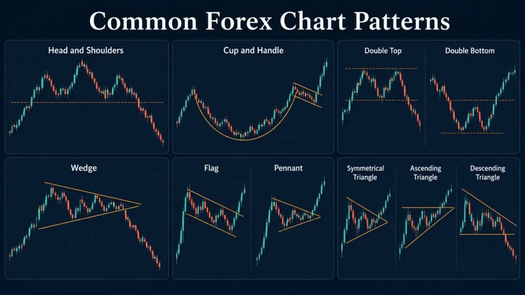 Infographic showing common forex chart patterns, including head and shoulders, cup and handle, double top, double bottom, wedge, flag, pennant, and symmetrical, ascending, and descending triangles.