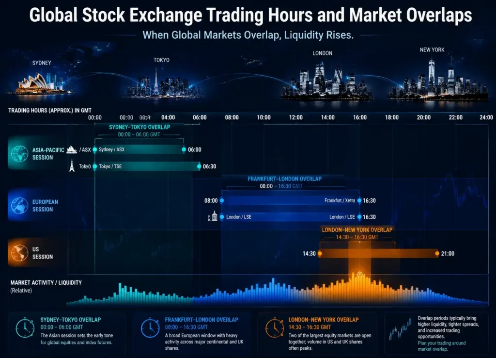Infographic showing global stock exchange trading hours in GMT, including Sydney, Tokyo, Frankfurt, London, and New York market overlaps and relative liquidity.