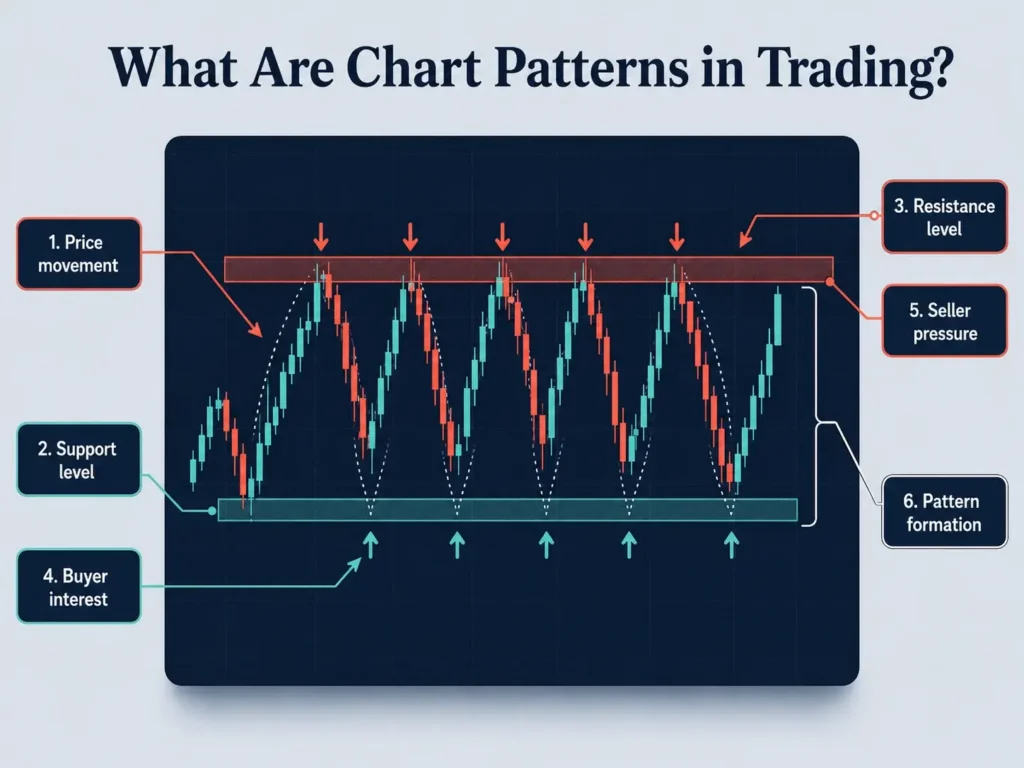 Candlestick chart pattern infographic showing price movement between support and resistance levels, with buyer interest, seller pressure, and repeated pattern formation highlighted.
