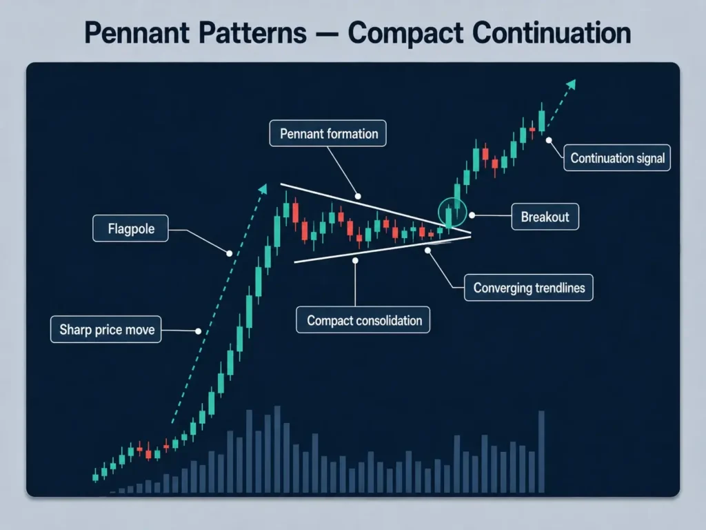 Pennant pattern compact continuation candlestick chart showing a sharp price move, flagpole, compact consolidation, converging trendlines, breakout, and continuation signal.