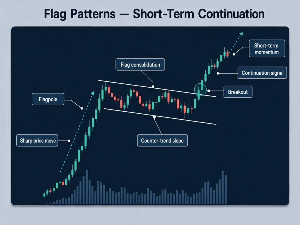 Flag pattern short-term continuation candlestick chart showing a sharp price move, flagpole, counter-trend flag consolidation, breakout, continuation signal, and short-term momentum.