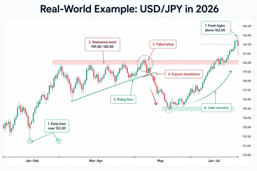 Annotated USD/JPY candlestick chart showing a 2026 ascending triangle attempt, with early lows near 152.00, a resistance band around 159.50–160.50, rising support, a failed setup after support breakdown, later recovery, and fresh highs above 162.00.