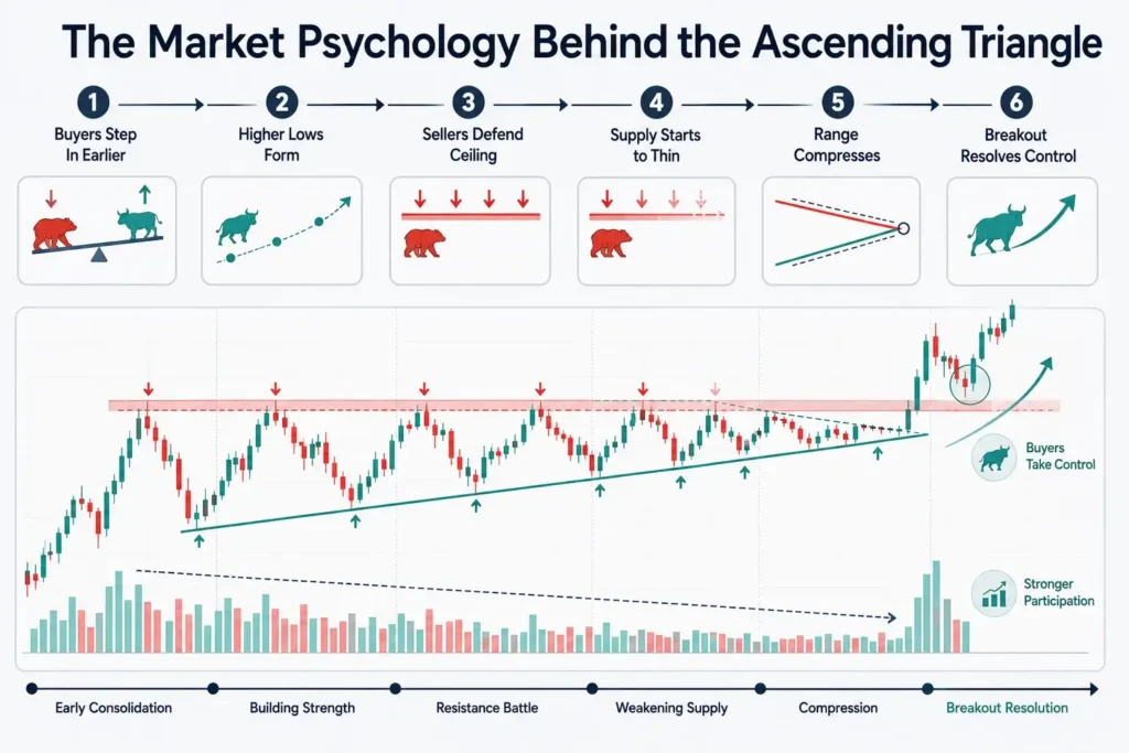 Infographic explaining the market psychology behind an ascending triangle, showing buyers stepping in earlier, higher lows forming, sellers defending resistance, supply thinning, price compression, and a breakout where buyers take control.