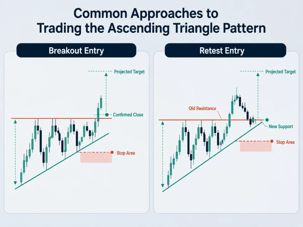 Two-panel infographic showing common approaches to trading an ascending triangle pattern, comparing a breakout entry after a confirmed close above resistance with a retest entry where old resistance becomes new support.