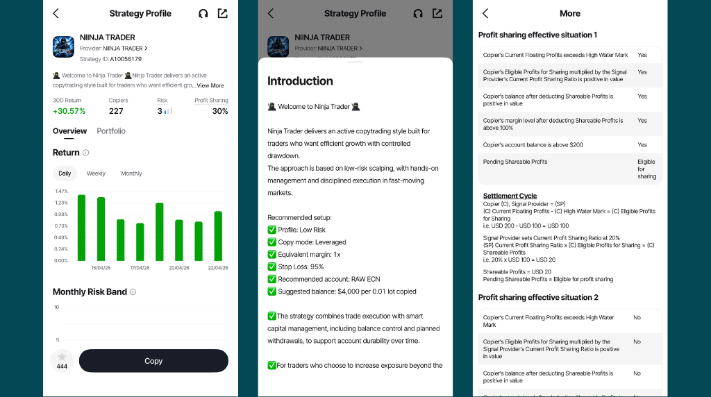 mobile screenshots of Vantage's Signal Provider's strategy profile and profit-sharing criteria in Vantage App
