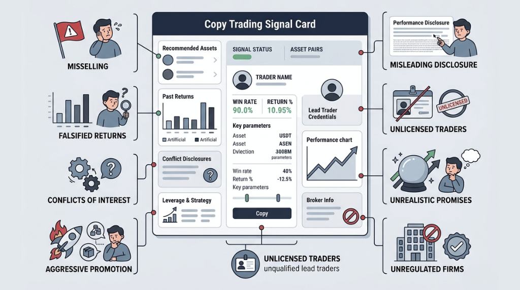 infographic of common copy trading risks like misselling misleading disclosure