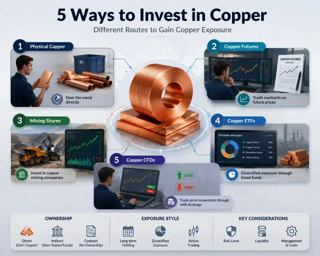 Infographic comparing five ways to gain copper exposure: physical copper, futures, mining shares, exchange-traded funds, and Contracts for Difference, alongside ownership, risk, liquidity, and cost considerations.