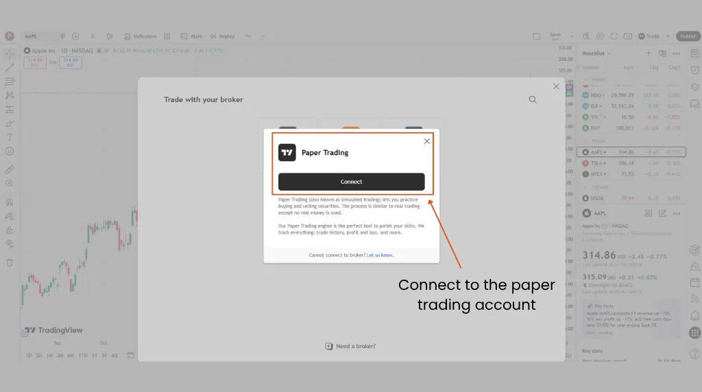 TradingView Paper Trading connection window with the Connect button highlighted