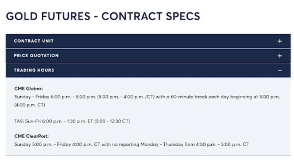 screenshot of the gold futures contract specs from CME group