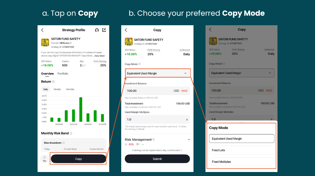 mobile screens showing step 4 of how to choose signal provider on Vantage App