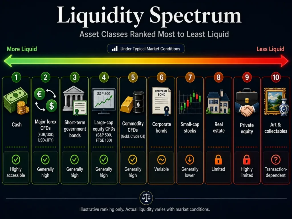Infographic showing a liquidity spectrum of ten asset classes ranked from most to least liquid: Cash, major forex CFDs, short-term government bonds, large-cap equity CFDs, commodity CFDs, corporate bonds, small-cap stocks, real estate, private equity, and art & collectibles under typical market conditions.