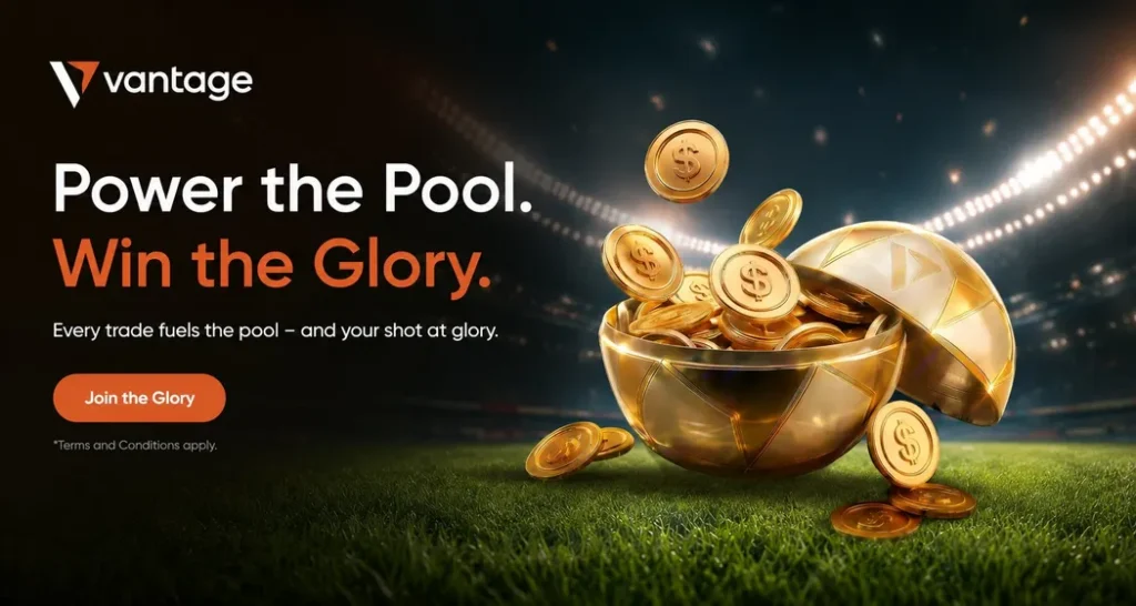 Vantage ad with a gold-coins-filled urn on a football field, slogan 'Power the Pool. Win the Glory.' and a 'Join the Glory' button.