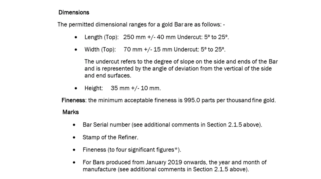 LBMA Good Delivery gold bar dimensions, fineness and required marks 