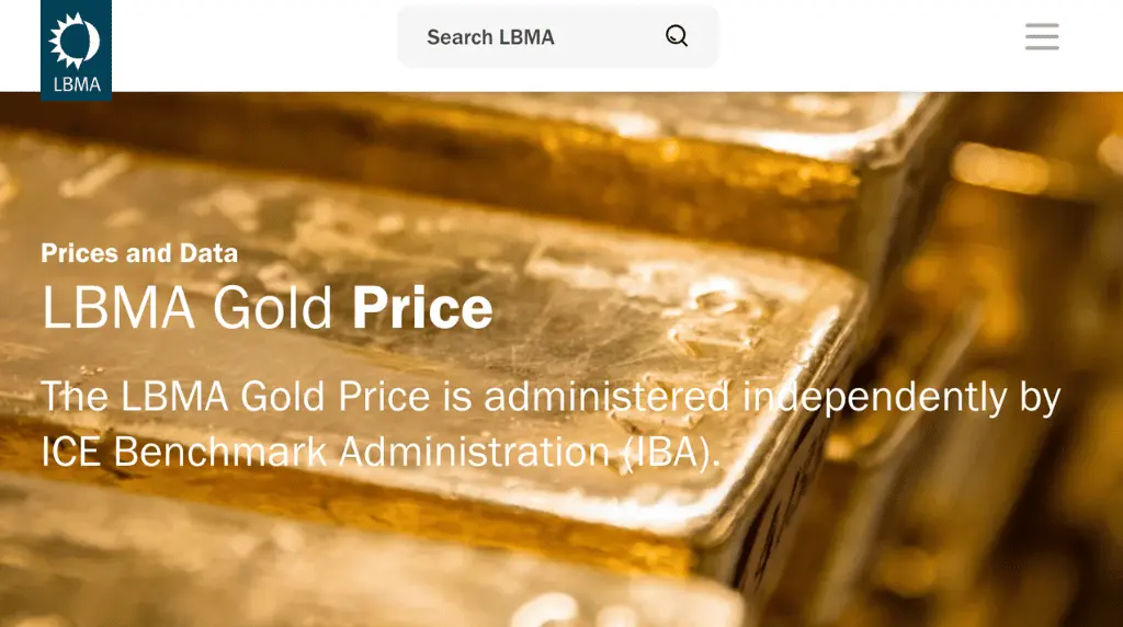 screenshot of LBMA gold price with real gold bars in background